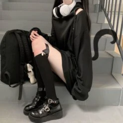 Casual Comfy Black Harajuku Gothic Zipper Off The Shoulder Oversized Hoodie EG15945 -EgrilDoll Fashion Outlet Store casual comfy black harajuku gothic zipper off the shoulder oversized hoodie eg15945 645