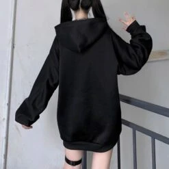 Casual Comfy Black Harajuku Gothic Zipper Off The Shoulder Oversized Hoodie EG15945 -EgrilDoll Fashion Outlet Store casual comfy black harajuku gothic zipper off the shoulder oversized hoodie eg15945 959