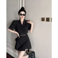 Chic Short Blazer High Waist Skirt Two Pieces Set ON130 -EgrilDoll Fashion Outlet Store chic short blazer high waist skirt two pieces set on130 black s 701