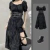 Cool Alternative Grunge Open Leg Long Black Gray Dress EG16321