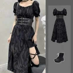 Cool Alternative Grunge Open Leg Long Black Gray Dress EG16321