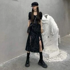 Cool Alternative Grunge Open Leg Long Black Gray Dress EG16321 -EgrilDoll Fashion Outlet Store cool alternative grunge open leg long black gray dress eg16321 738