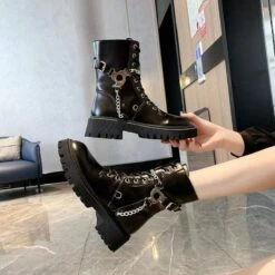 Cool Lace Up Chain And Belts Boots EG424