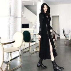 Cool Set Gothic Lace Up Hollow Sweatshirt Hoodie Split Long Dress Two Piece Set EG430 -EgrilDoll Fashion Outlet Store cool set gothic lace up hollow sweatshirt hoodie split long dress two piece eg430 145