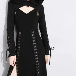 Cool Set Gothic Lace Up Hollow Sweatshirt Hoodie Split Long Dress Two Piece Set EG430 -EgrilDoll Fashion Outlet Store cool set gothic lace up hollow sweatshirt hoodie split long dress two piece eg430 206