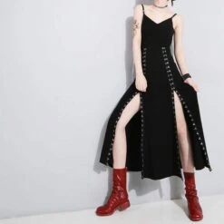 Cool Set Gothic Lace Up Hollow Sweatshirt Hoodie Split Long Dress Two Piece Set EG430 -EgrilDoll Fashion Outlet Store cool set gothic lace up hollow sweatshirt hoodie split long dress two piece eg430 229