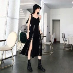 Cool Set Gothic Lace Up Hollow Sweatshirt Hoodie Split Long Dress Two Piece Set EG430 -EgrilDoll Fashion Outlet Store cool set gothic lace up hollow sweatshirt hoodie split long dress two piece eg430 585