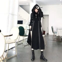 Cool Set Gothic Lace Up Hollow Sweatshirt Hoodie Split Long Dress Two Piece Set EG430