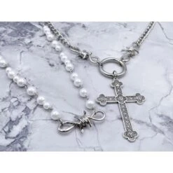 Cool Thorn Pearls Cross Pendant Necklace ON98