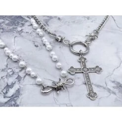 Cool Thorn Pearls Cross Pendant Necklace ON98 -EgrilDoll Fashion Outlet Store cool thorn pearls cross pendant necklace on98 one set 164