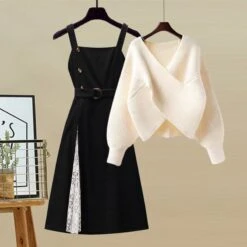Cross Sweater Lace Black Dress Two Pieces Set ON239 -EgrilDoll Fashion Outlet Store cross sweater lace black dress two pieces set on239 apricot m 134