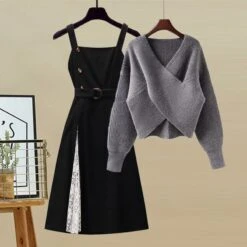 Cross Sweater Lace Black Dress Two Pieces Set ON239 -EgrilDoll Fashion Outlet Store cross sweater lace black dress two pieces set on239 gray m 719
