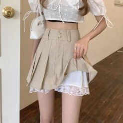 Cute Beige High Waist Pleated Skirt ON104 -EgrilDoll Fashion Outlet Store cute beige high waist pleated skirt on104 548