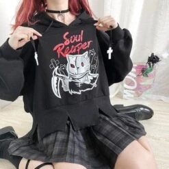 Cute Black Devil Print Irregular Hoodie EG15939