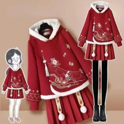 Cute Flowers Embroidery Vintage Hoodie And Skirt Red Set ON335