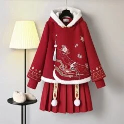 Cute Flowers Embroidery Vintage Hoodie And Skirt Red Set ON335 -EgrilDoll Fashion Outlet Store cute flowers embroidery vintage hoodie and skirt red set on335 coat m 167