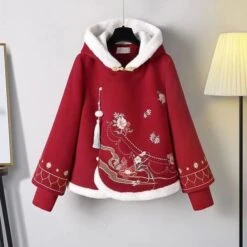 Cute Flowers Embroidery Vintage Hoodie And Skirt Red Set ON335 -EgrilDoll Fashion Outlet Store cute flowers embroidery vintage hoodie and skirt red set on335 coat m 992