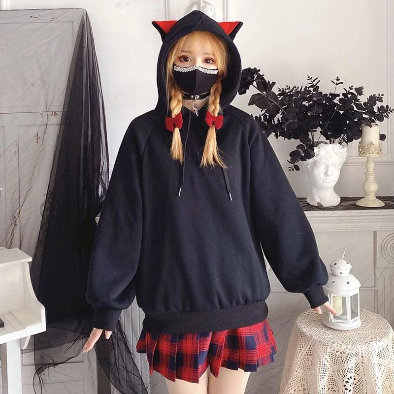 Cute Girl Red Black Cat Ears Hoodie (Hoodie Only)EG15384 3 Cute Girl Red Black Cat Ears Hoodie (Hoodie Only)EG15384 - Image 3