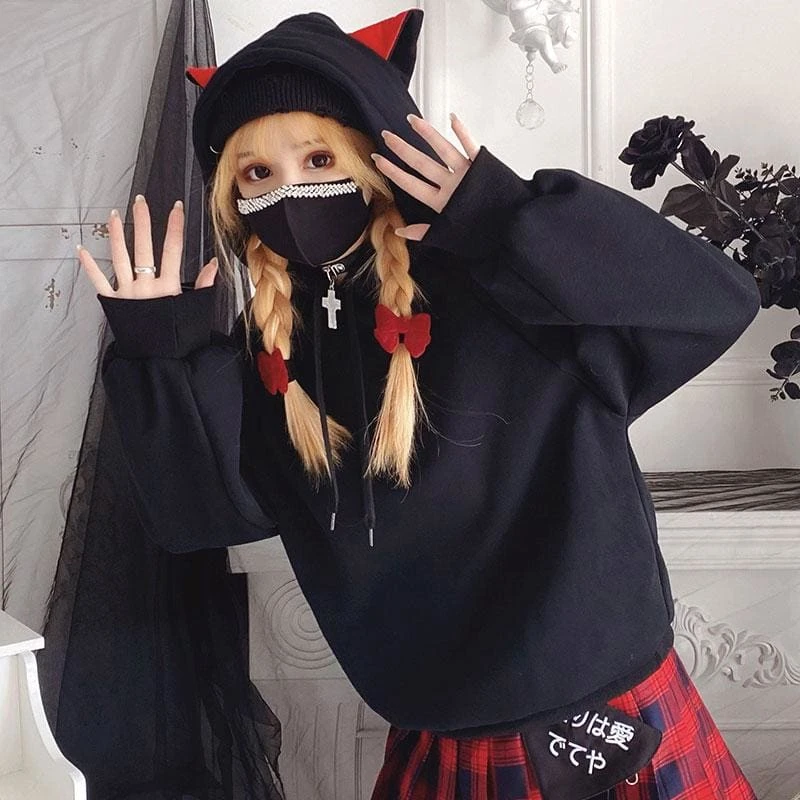 Cute Girl Red Black Cat Ears Hoodie (Hoodie Only)EG15384 1 Cute Girl Red Black Cat Ears Hoodie (Hoodie Only)EG15384