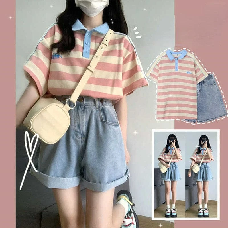 Cute Pastel OOTD Shorts And Stripes T-shirt ON576 1 Cute Pastel OOTD Shorts And Stripes T-shirt ON576