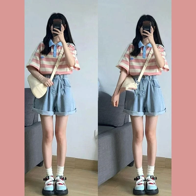 Cute Pastel OOTD Shorts And Stripes T-shirt ON576 2 Cute Pastel OOTD Shorts And Stripes T-shirt ON576 - Image 2