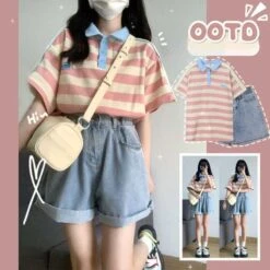 Cute Pastel OOTD Shorts And Stripes T-shirt ON576 9 Cute Pastel OOTD Shorts And Stripes T-shirt ON576 -EgrilDoll Fashion Outlet Store cute pastel ootd shorts and stripes t shirt on576 pink top s 226