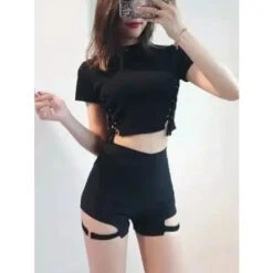 Cyber Goth Thigh Belt Skinny Shorts EG0012 -EgrilDoll Fashion Outlet Store cyber goth thigh belt skinny shorts eg0012 612