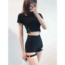 Cyber Goth Thigh Belt Skinny Shorts EG0012 -EgrilDoll Fashion Outlet Store cyber goth thigh belt skinny shorts eg0012 831
