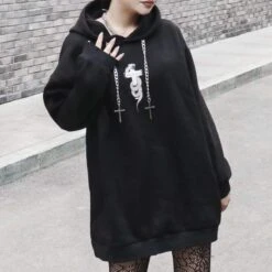 Dark Punk Fashion Cross Chains Snake Black Sweatershirt EG457