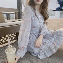 Date Wear Sweet Girls Long Sleeve Ruffled Floral Chiffon Dress SP15735