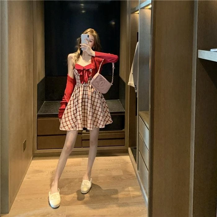 Elegant Sweet Red Cardigan Coat Paired With Bowknot Plaid Dress EG15414 7 Elegant Sweet Red Cardigan Coat Paired With Bowknot Plaid Dress EG15414 - Image 7