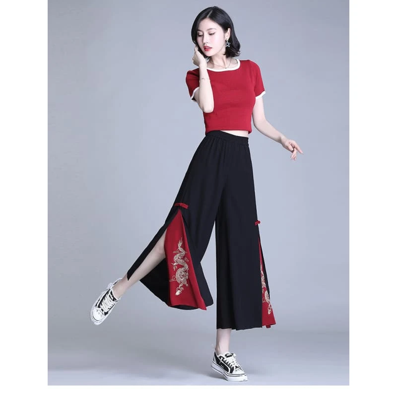 Embroidery Golden Dragon Casual Black Red Pants ON10 1 Embroidery Golden Dragon Casual Black Red Pants ON10
