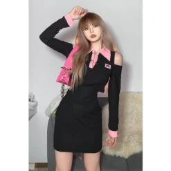 Fashion Black Pink Hollow Out Shoulder Dress ON02 -EgrilDoll Fashion Outlet Store fashion black pink hollow out shoulder dress on02 452