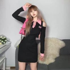 Fashion Black Pink Hollow Out Shoulder Dress ON02