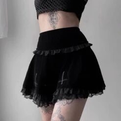 Goth Cross Black Vintage Lace Skirt