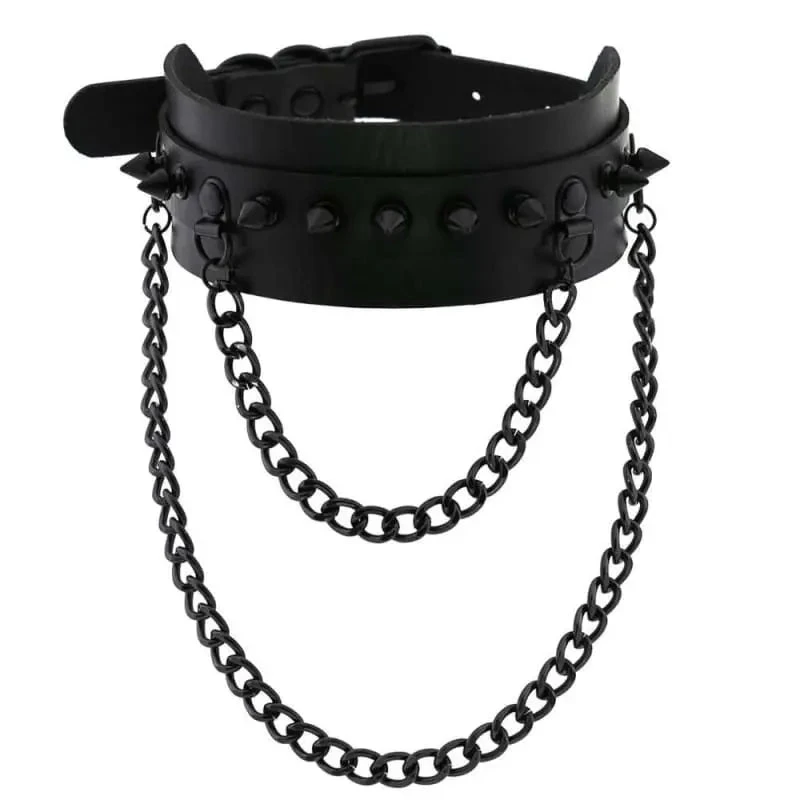 Gothic All Black Double Chain Spikes Large Choker Necklace (Available In 16 Colors) EG0025 1 Gothic All Black Double Chain Spikes Large Choker Necklace (Available In 16 Colors) EG0025