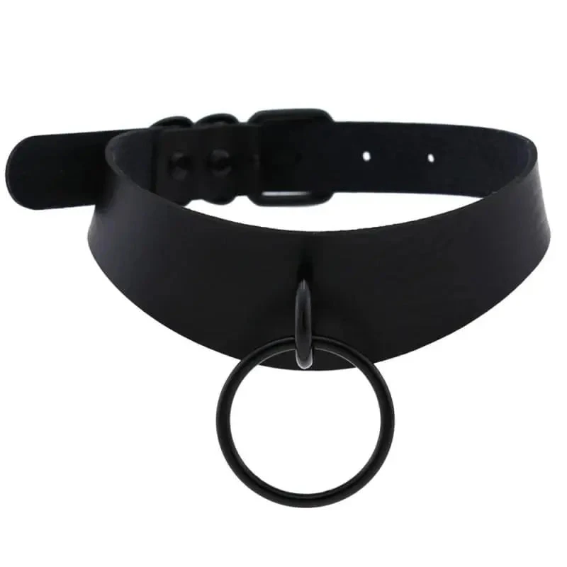 Gothic All Black Irregular Strap O-Ring Choker Necklace (Available In 16 Colors) EG0027 1 Gothic All Black Irregular Strap O-Ring Choker Necklace (Available In 16 Colors) EG0027