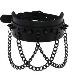 Gothic All Black Triple Chain Spikes Large Choker Necklace (Available In 16 Colors) EG063
