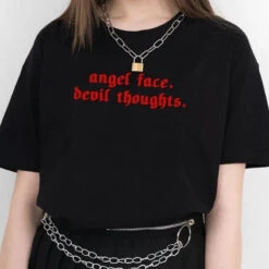 Gothic ANGEL FACE DEVIL THOUGHTS T-Shirt (Available In Black And White) EG315
