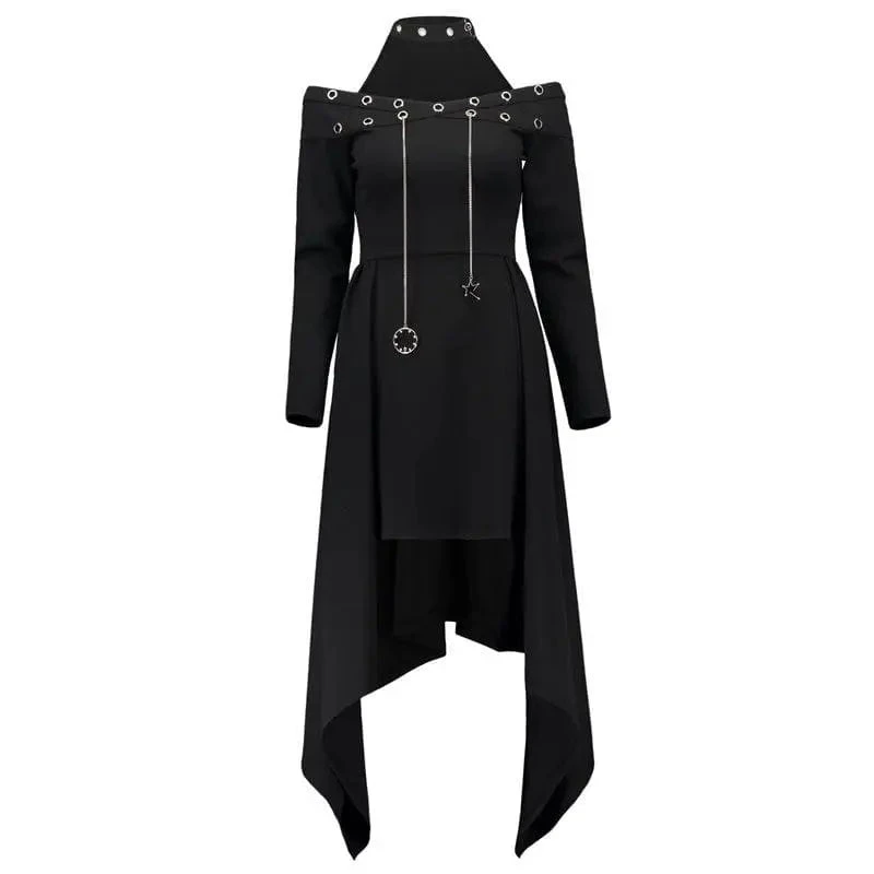 Gothic Asymmetrical Halter Eyelet Midi Dress EG0038 1 Gothic Asymmetrical Halter Eyelet Midi Dress EG0038