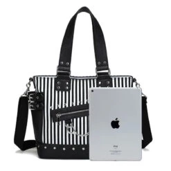 Gothic Black And White Stripes Studded Chain Zipper Tote Shoulder Bag EG089 -EgrilDoll Fashion Outlet Store gothic black and white stripes studded chain zipper tote shoulder bag eg089 258