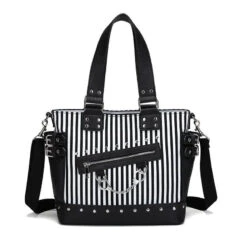 Gothic Black And White Stripes Studded Chain Zipper Tote Shoulder Bag EG089