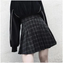 Gothic Black Gray Pleated Plaid Mini Skirt EG388