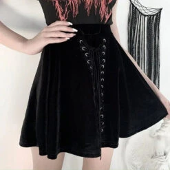 Gothic Black Velvet Lace Up Front A-Line Mini Skirt EG484 -EgrilDoll Fashion Outlet Store gothic black velvet lace up front a line mini skirt eg484 687