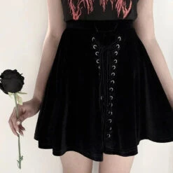 Gothic Black Velvet Lace Up Front A-Line Mini Skirt EG484