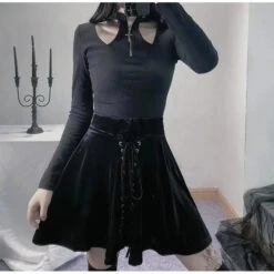 Gothic Black Velvet Lace Up Front A-Line Mini Skirt EG484 -EgrilDoll Fashion Outlet Store gothic black velvet lace up front a line mini skirt eg484 978