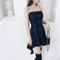 Gothic Blue Sling Strap Plaid Dress EG0065
