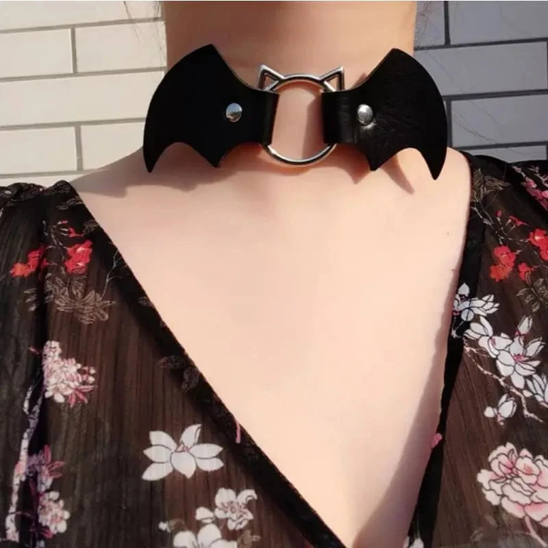 Gothic Cat Bat Faux Leather Choker Necklace (Available In 16 Colors) EG14579 2 Gothic Cat Bat Faux Leather Choker Necklace (Available In 16 Colors) EG14579 - Image 2