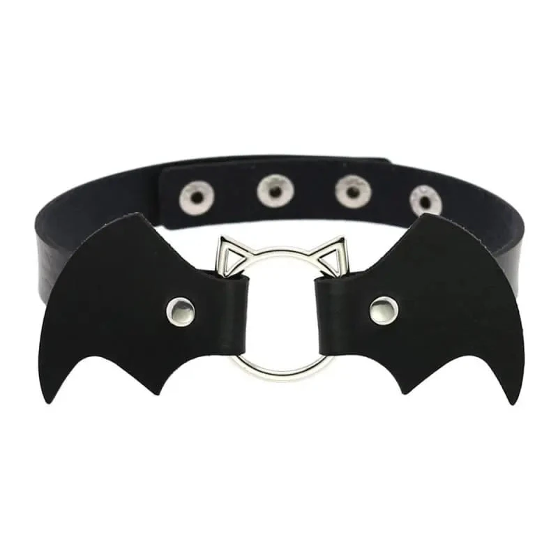 Gothic Cat Bat Faux Leather Choker Necklace (Available In 16 Colors) EG14579 1 Gothic Cat Bat Faux Leather Choker Necklace (Available In 16 Colors) EG14579