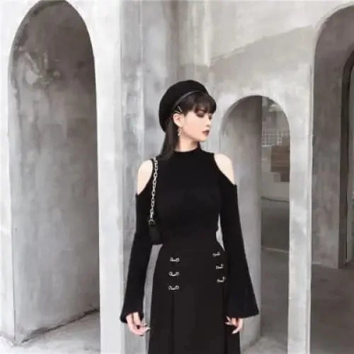 Gothic Cold Shoulder Flare Sleeves Pullover Top EG0126 2 Gothic Cold Shoulder Flare Sleeves Pullover Top EG0126 - Image 2